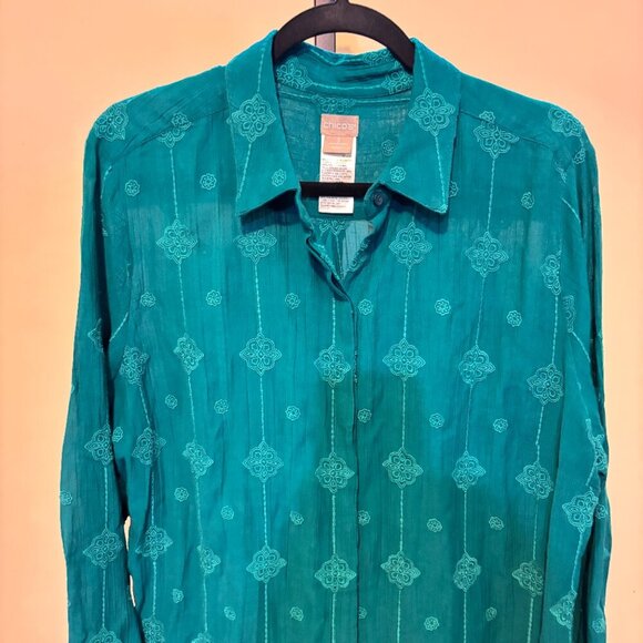 Chico's Cotton Blend Embroidered Teal Button Front Long Sleeve Tunic Top - Picture 3 of 10